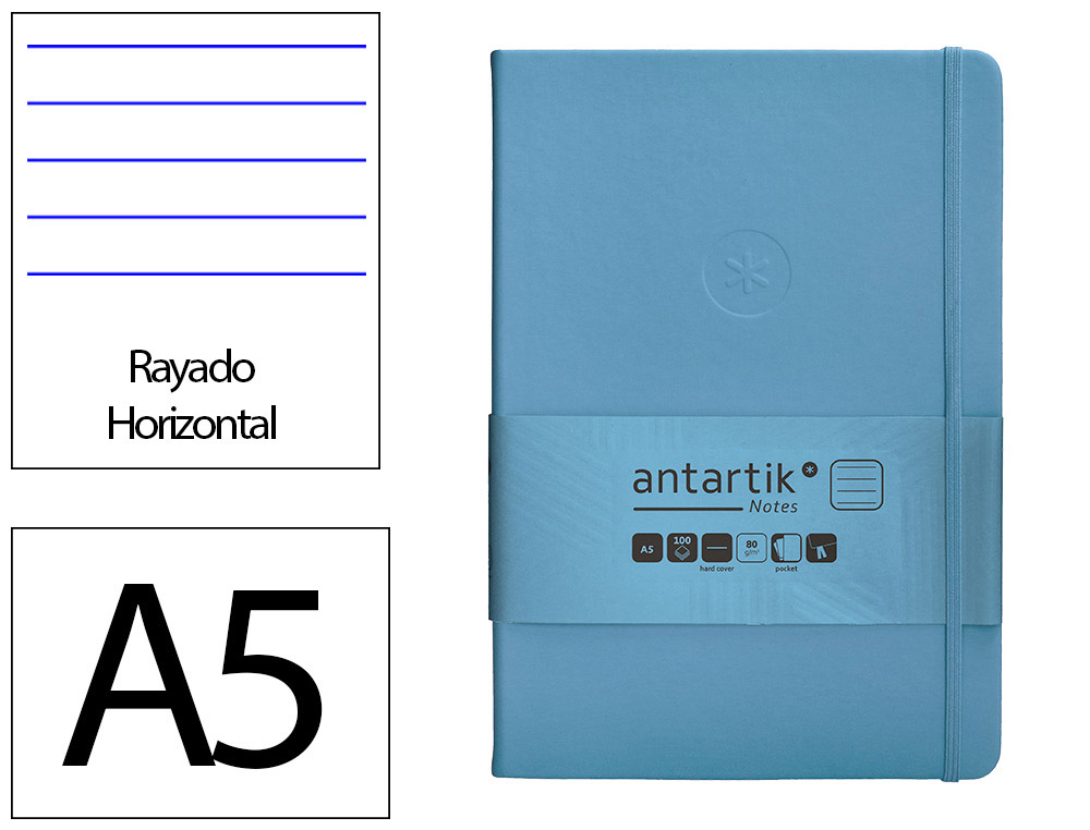 CUADERNO CON GOMILLA ANTARTIK NOTES TAPA DURA A5 HOJAS RAYAS AZUL CLARO 100 HOJAS 80 GR FSC