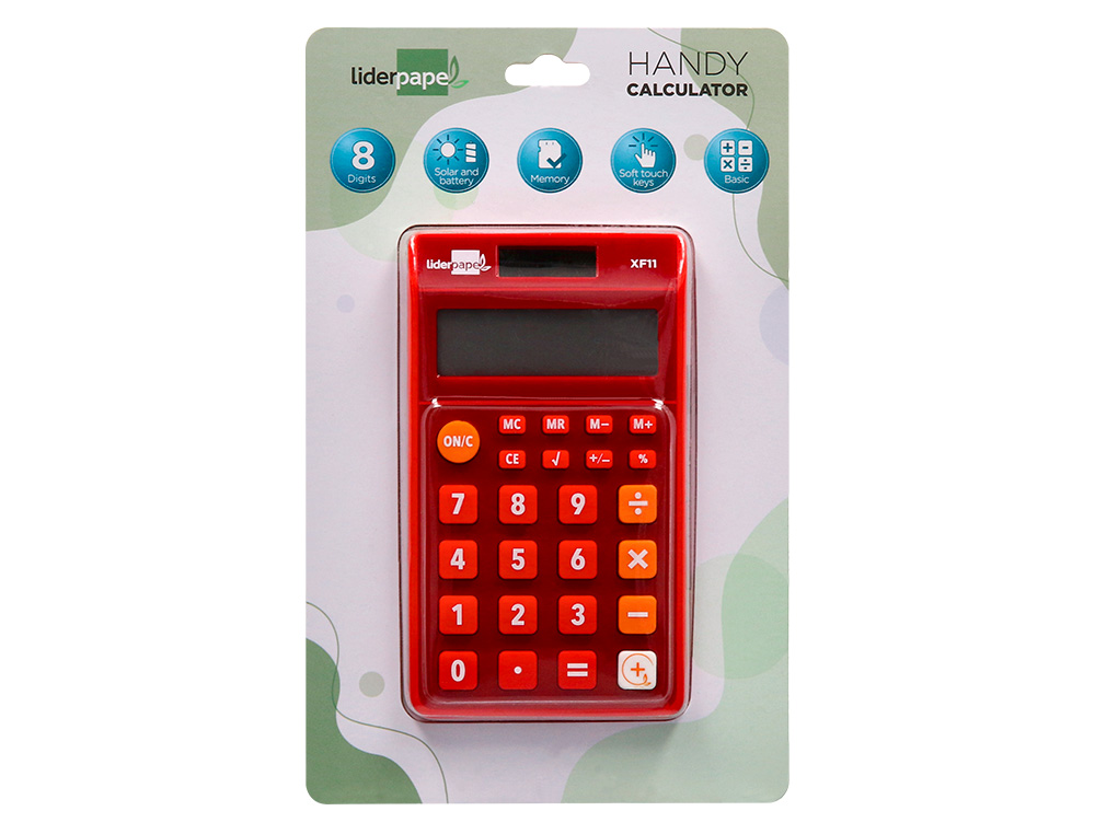 CALCULADORA LIDERPAPEL BOLSILLO XF11 8 DIGITOS SOLAR Y PILAS COLOR ROJO 115X65X8 MM