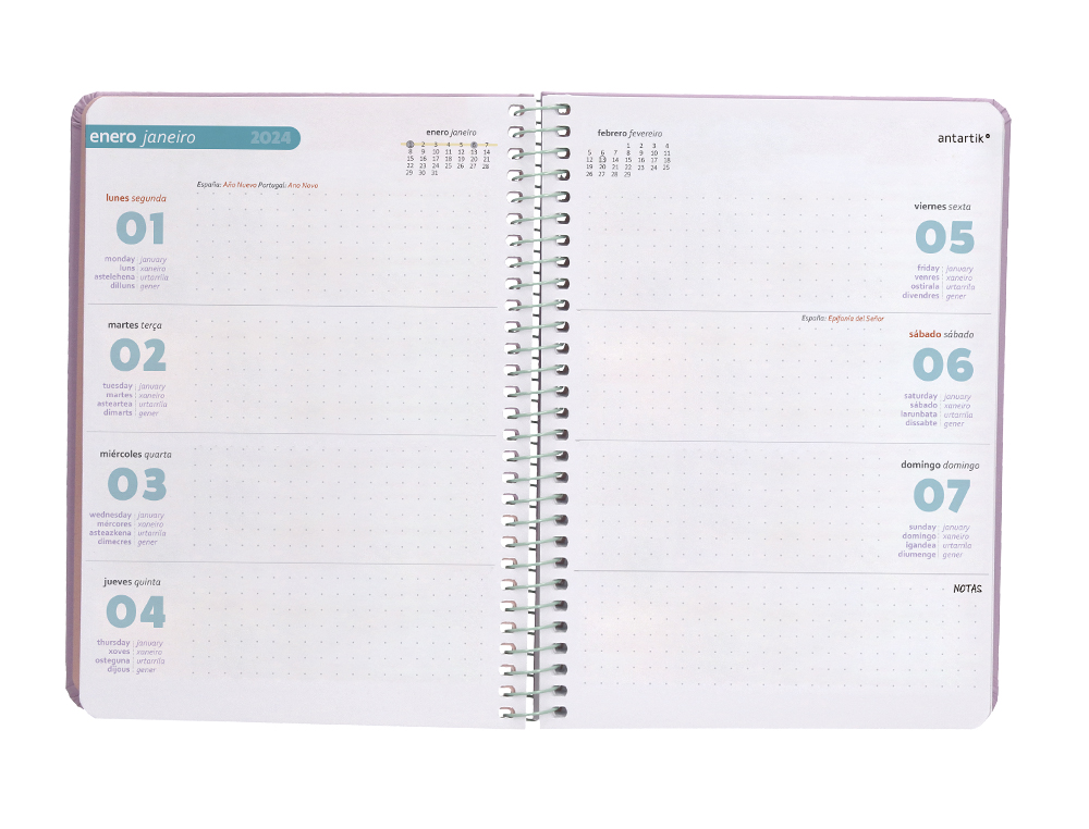 AGENDA DE OFICINA ANTARTIK A6+ 2024 SEMANA VISTA 80 GR CON SOBRE Y 3 HOJAS PEGATINAS PEACH 130X175 MM