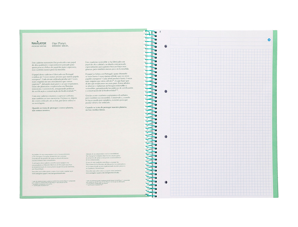 CUADERNO ESPIRAL NAVIGATOR A4 MICRO TAPA FORRADA 80H 80GR CUADRO 5MM 1 BANDA COLOR MENTA