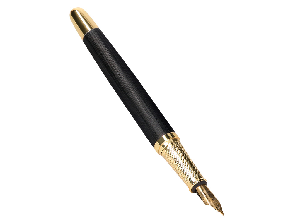 PLUMA Y ESTUCHE CUERO BELIUS PASSION DOR ALUMINIO TEXTURA CEPILLADA COLOR NEGRO Y DORADO TINTA AZUL CAJA DISEO