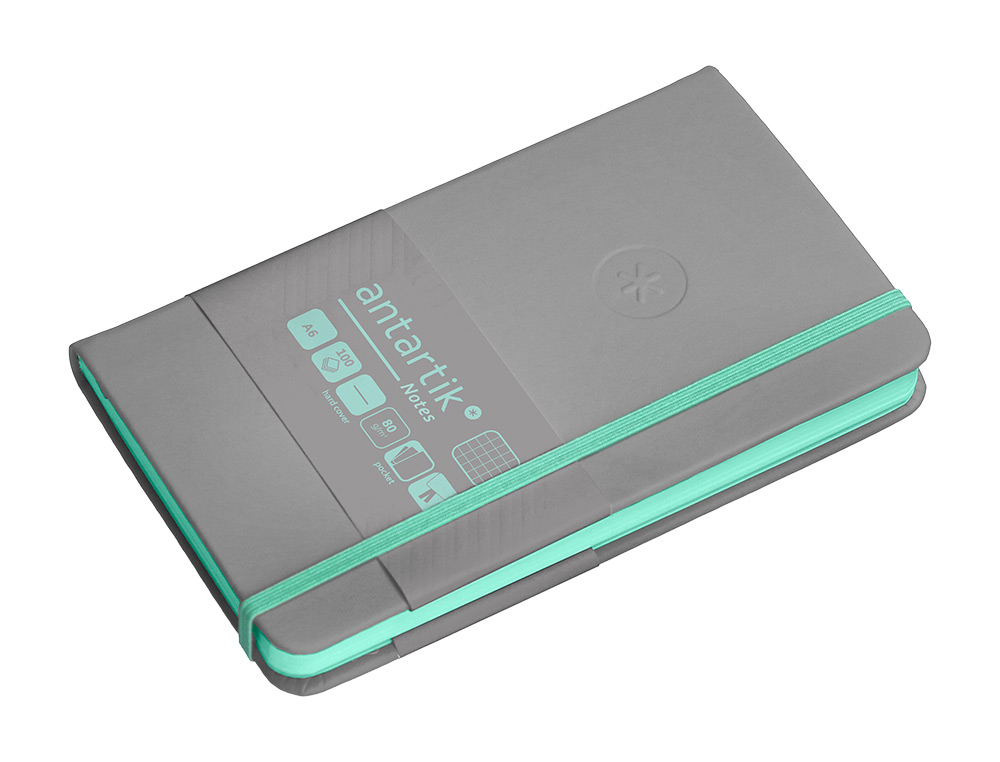 CUADERNO CON GOMILLA ANTARTIK NOTES TAPA DURA A6 HOJAS CUADRICULA GRIS Y TURQUESA 100 HOJAS 80 GR FSC